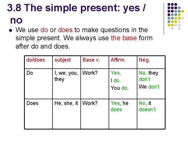 3. 8 The simple present: yes / no l We use do or does