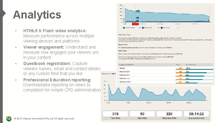 Analytics • • HTML 5 & Flash video analytics: Measure performance across multiple viewing