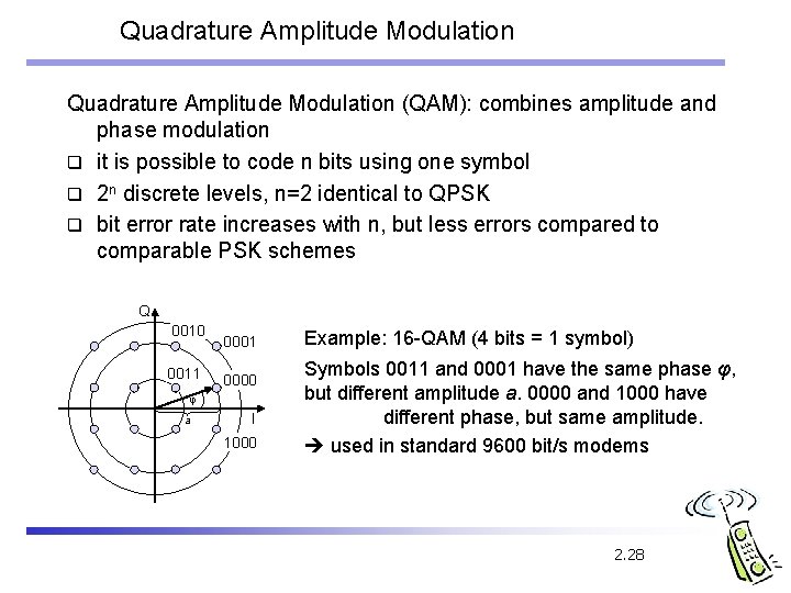Quadrature Amplitude Modulation (QAM): combines amplitude and phase modulation q it is possible to