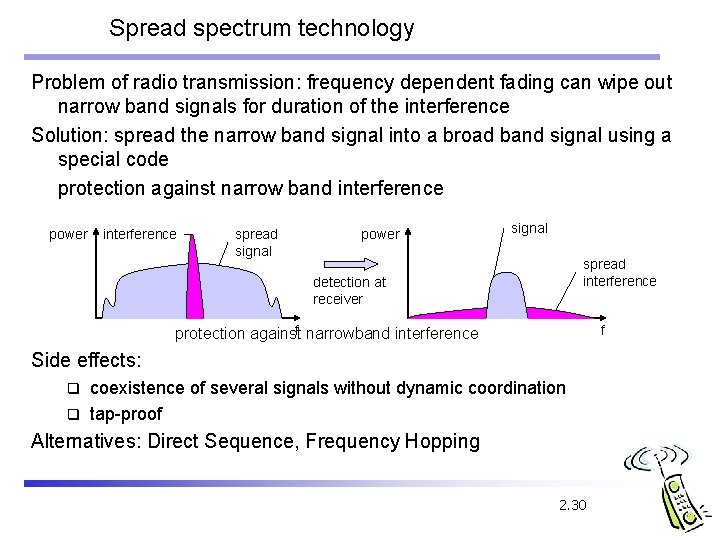 Spread spectrum technology Problem of radio transmission: frequency dependent fading can wipe out narrow