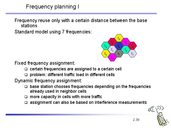 Frequency planning I Frequency reuse only with a certain distance between the base stations