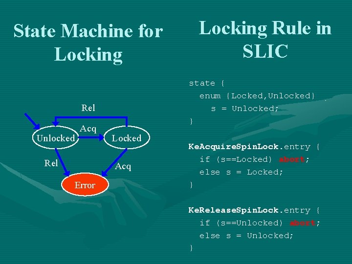 State Machine for Locking state { enum {Locked, Unlocked} s = Unlocked; } Rel