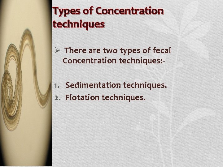Types of Concentration techniques Ø There are two types of fecal Concentration techniques: 1.