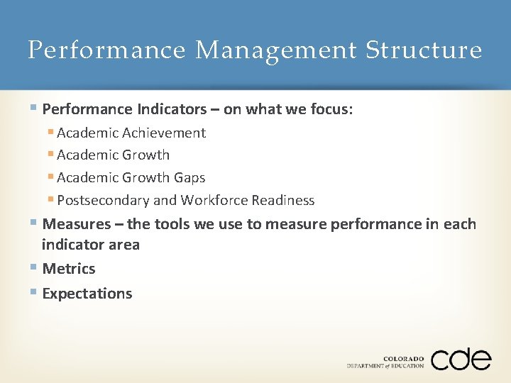 Performance Management Structure § Performance Indicators – on what we focus: § Academic Achievement
