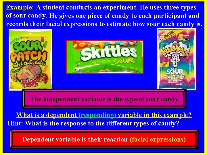 Example: A student conducts an experiment. He uses three types of sour candy. He
