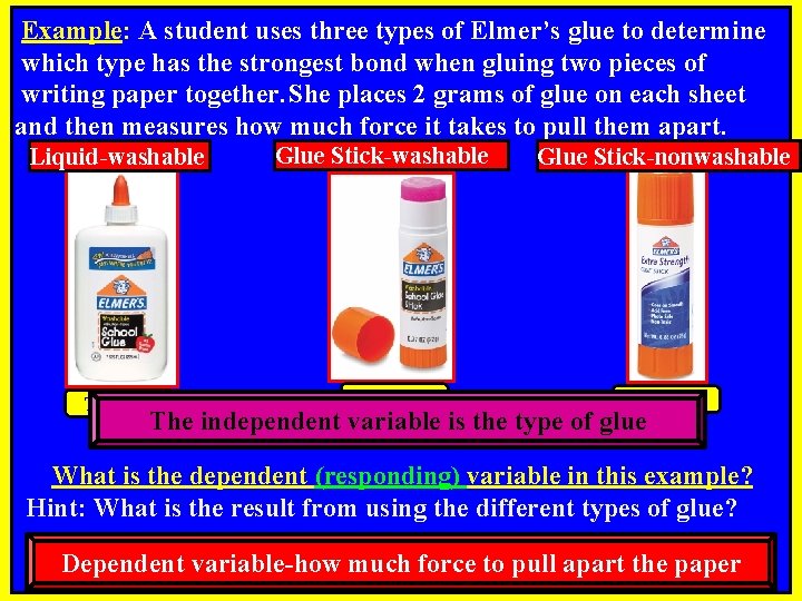 Example: A student uses three types of Elmer’s glue to determine which type has