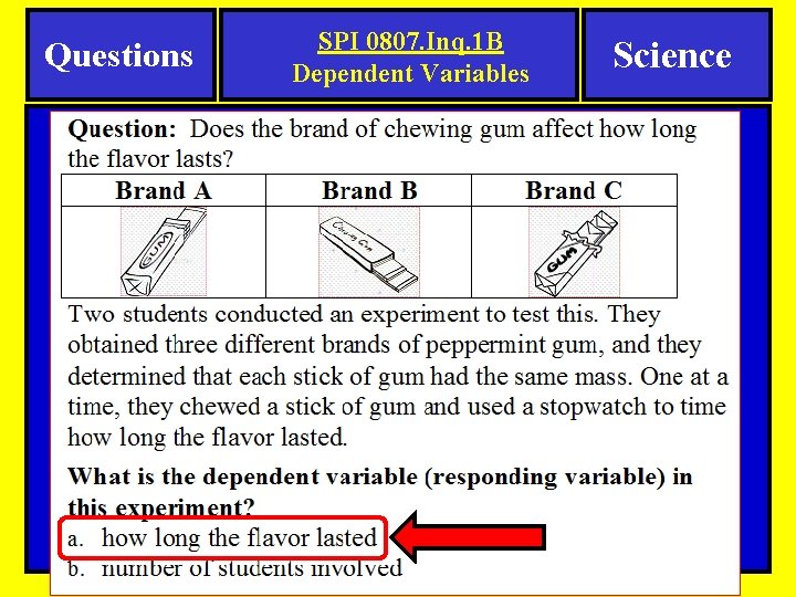 Questions SPI 0807. Inq. 1 B Dependent Variables Science 