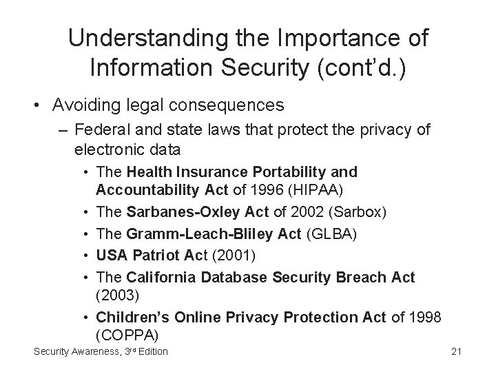 Understanding the Importance of Information Security (cont’d. ) • Avoiding legal consequences – Federal