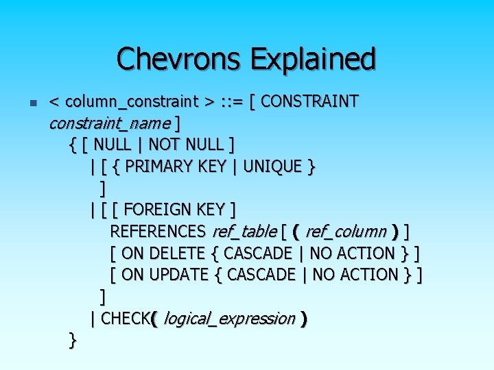 Chevrons Explained n < column_constraint > : : = [ CONSTRAINT constraint_name ] {