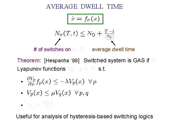 AVERAGE DWELL TIME # of switches on average dwell time Theorem: [Hespanha ‘ 99]