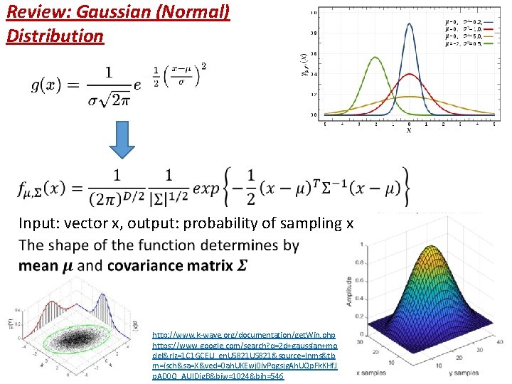 Review: Gaussian (Normal) Distribution Input: vector x, output: probability of sampling x http: //www.