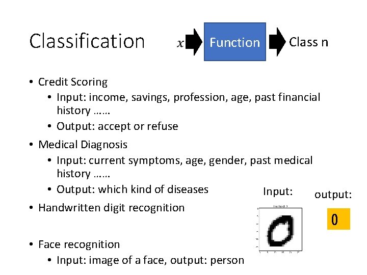Classification Function Class n • Credit Scoring • Input: income, savings, profession, age, past