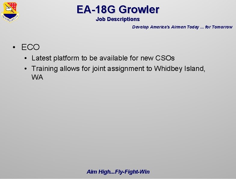 EA-18 G Growler Job Descriptions Develop America's Airmen Today. . . for Tomorrow •