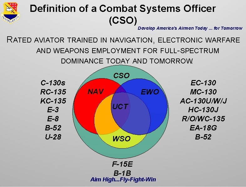 Definition of a Combat Systems Officer (CSO) Develop America's Airmen Today. . . for Definition of a Combat Systems Officer (CSO) Develop America's Airmen Today. . . for