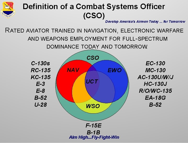 Definition of a Combat Systems Officer (CSO) Develop America's Airmen Today. . . for