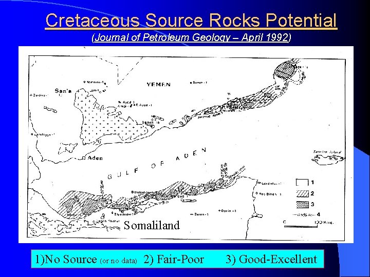 Cretaceous Source Rocks Potential (Journal of Petroleum Geology – April 1992) Somaliland 1)No Source