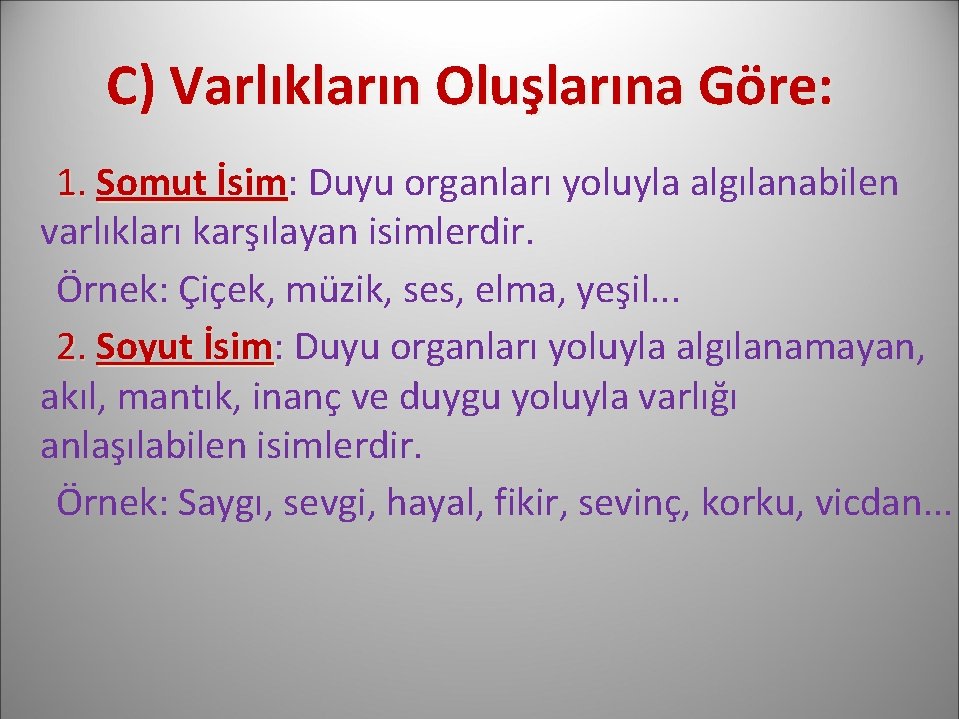 C) Varlıkların Oluşlarına Göre: 1. Somut İsim: Duyu organları yoluyla algılanabilen varlıkları karşılayan isimlerdir.