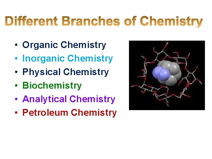  • • • Organic Chemistry Inorganic Chemistry Physical Chemistry Biochemistry Analytical Chemistry Petroleum