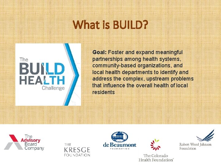 What is BUILD? Goal: Foster and expand meaningful partnerships among health systems, community-based organizations,