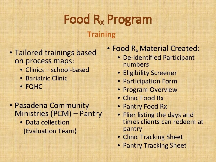 Food Rx Program Training • Tailored trainings based • Food Rx Material Created: •