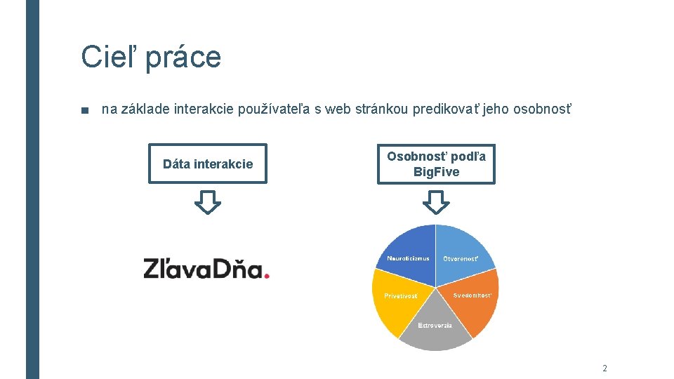 Cieľ práce ■ na základe interakcie používateľa s web stránkou predikovať jeho osobnosť Dáta