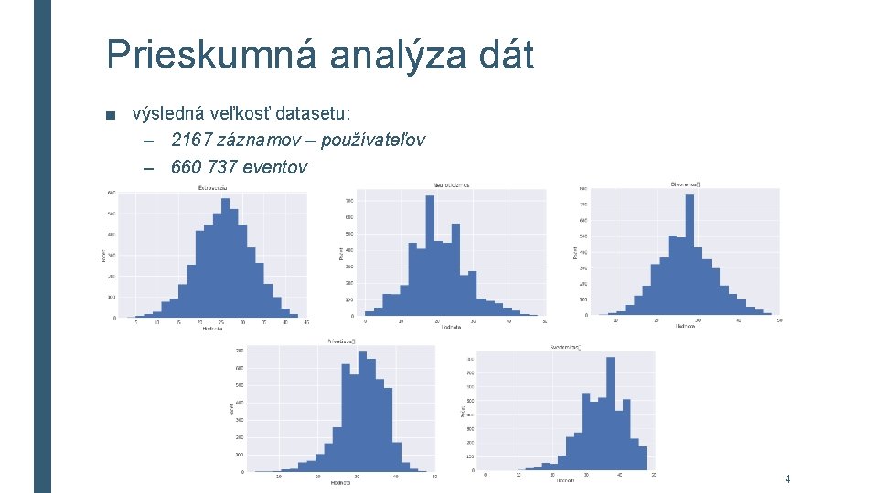 Prieskumná analýza dát ■ výsledná veľkosť datasetu: – 2167 záznamov – používateľov – 660