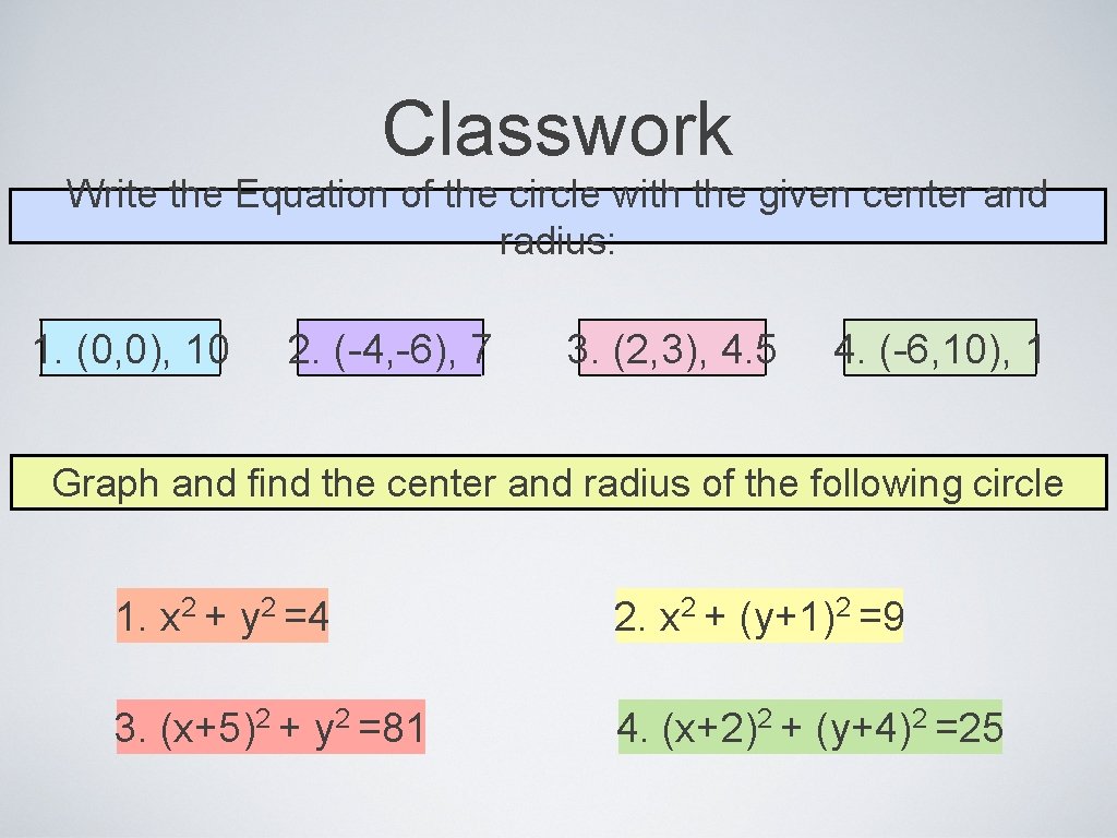 Classwork Write the Equation of the circle with the given center and radius: 1.