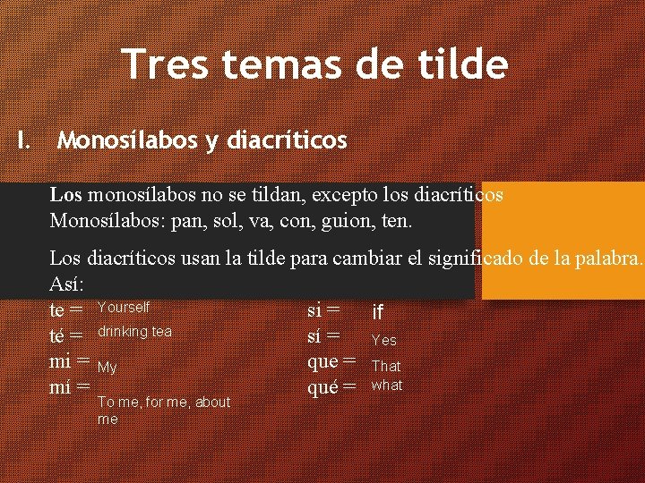 Tres temas de tilde I. Monosílabos y diacríticos Los monosílabos no se tildan, excepto