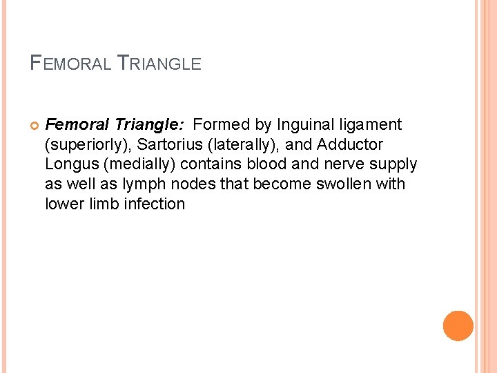 FEMORAL TRIANGLE Femoral Triangle: Formed by Inguinal ligament (superiorly), Sartorius (laterally), and Adductor Longus