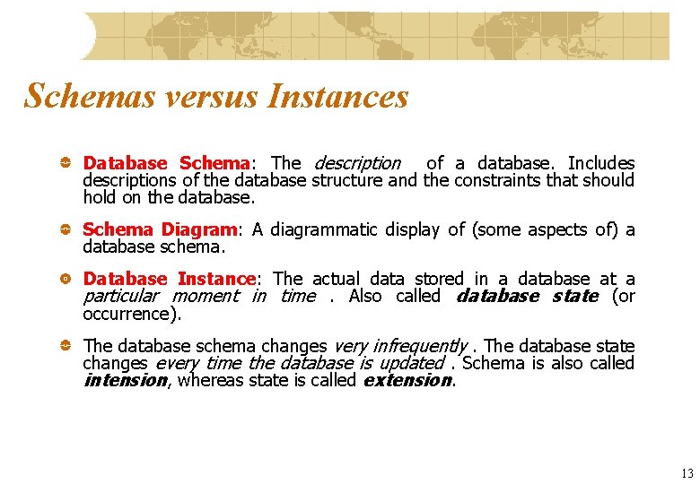 Schemas versus Instances Database Schema: The description of a database. Includes descriptions of the