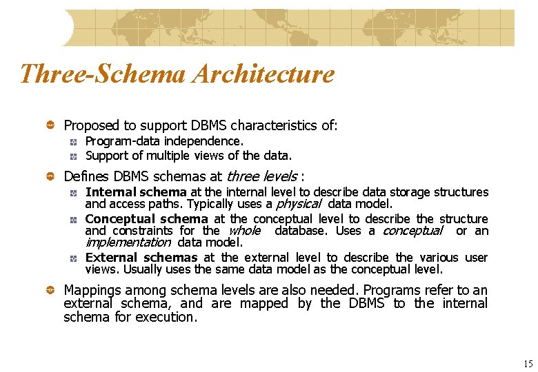 Three-Schema Architecture Proposed to support DBMS characteristics of: Program-data independence. Support of multiple views