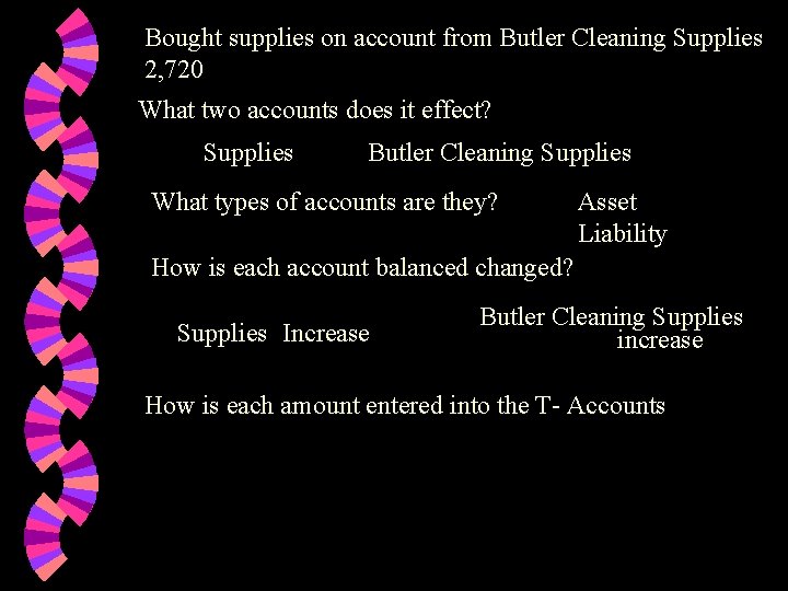 Bought supplies on account from Butler Cleaning Supplies 2, 720 What two accounts does