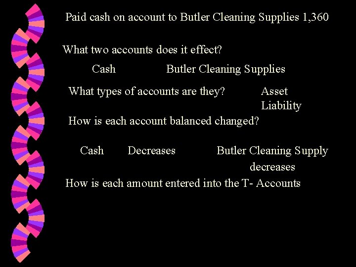Paid cash on account to Butler Cleaning Supplies 1, 360 What two accounts does