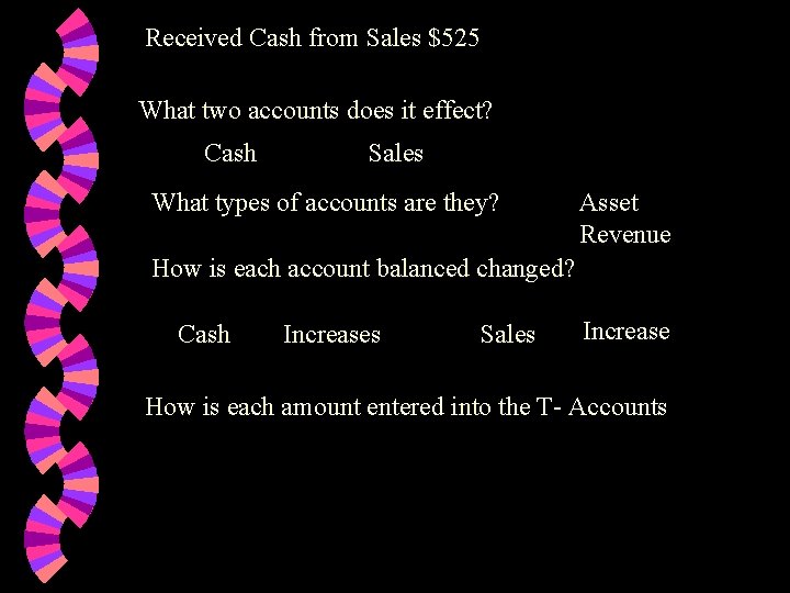 Received Cash from Sales $525 What two accounts does it effect? Cash Sales What