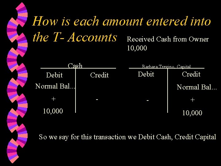How is each amount entered into the T- Accounts Received Cash from Owner 10,