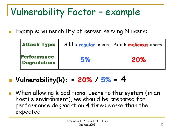 Vulnerability Factor – example n Example: vulnerability of server serving N users: Attack Type: