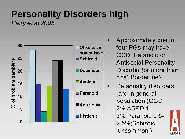 Personality Disorders high Petry et al 2005 • • Approximately one in four PGs