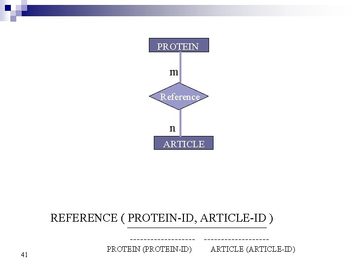 PROTEIN m Reference n ARTICLE REFERENCE ( PROTEIN-ID, ARTICLE-ID ) 41 PROTEIN (PROTEIN-ID) ARTICLE