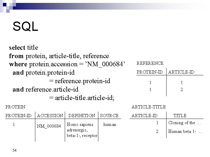 SQL select title from protein, article-title, reference where protein. accession = ’NM_000684’ and protein-id