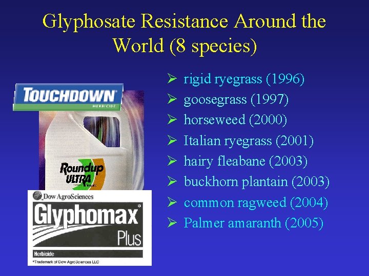 Glyphosate Resistance Around the World (8 species) Ø Ø Ø Ø rigid ryegrass (1996)