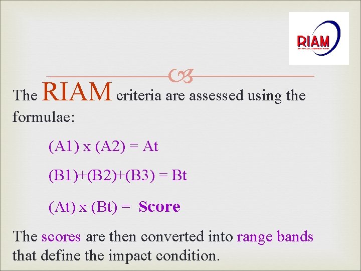  RIAM criteria are assessed using the The formulae: (A 1) x (A 2)