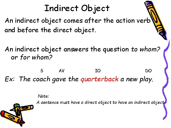 Indirect Object An indirect object comes after the action verb and before the direct