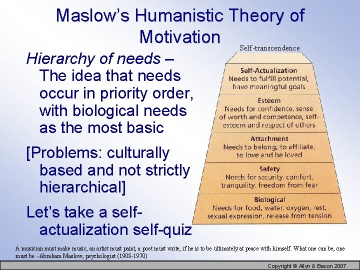 Maslow’s Humanistic Theory of Motivation Self-transcendence Hierarchy of needs – The idea that needs