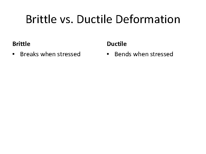 Brittle vs. Ductile Deformation Brittle Ductile • Breaks when stressed • Bends when stressed