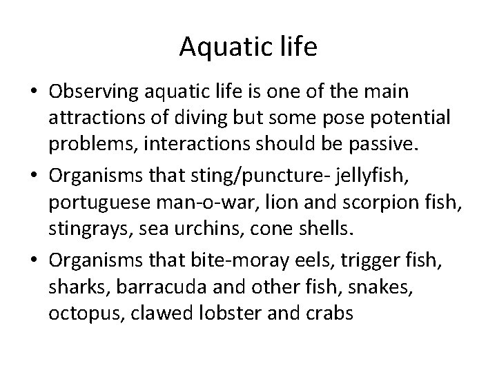 Aquatic life • Observing aquatic life is one of the main attractions of diving