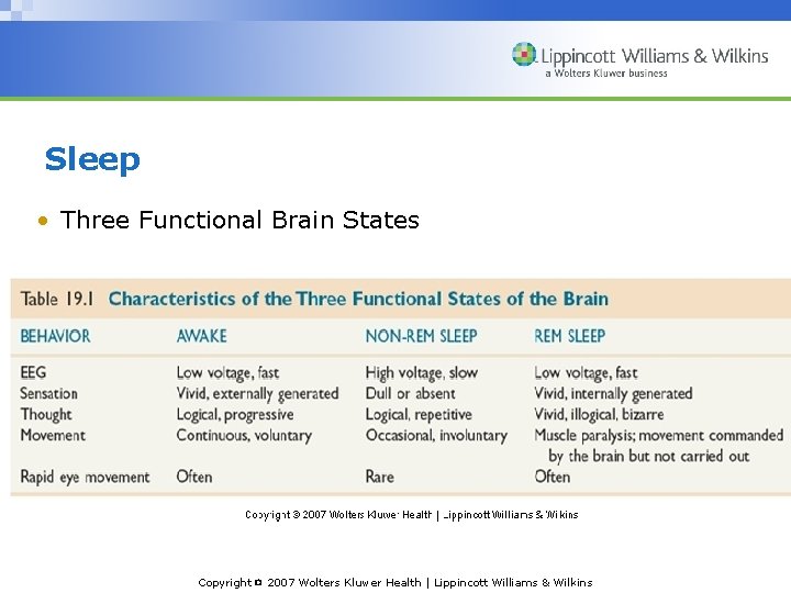 Sleep • Three Functional Brain States Copyright © 2007 Wolters Kluwer Health | Lippincott