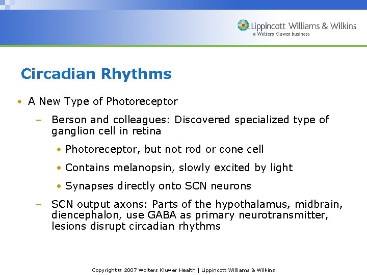 Circadian Rhythms • A New Type of Photoreceptor – Berson and colleagues: Discovered specialized