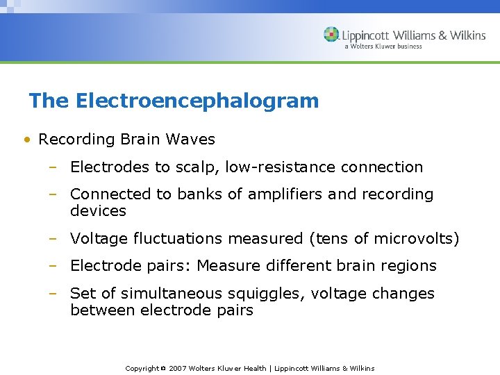The Electroencephalogram • Recording Brain Waves – Electrodes to scalp, low-resistance connection – Connected