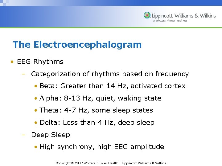The Electroencephalogram • EEG Rhythms – Categorization of rhythms based on frequency • Beta: