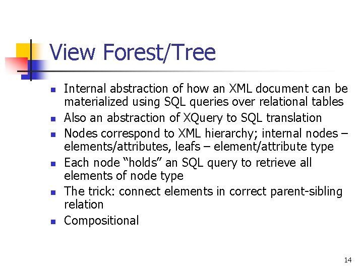 View Forest/Tree n n n Internal abstraction of how an XML document can be